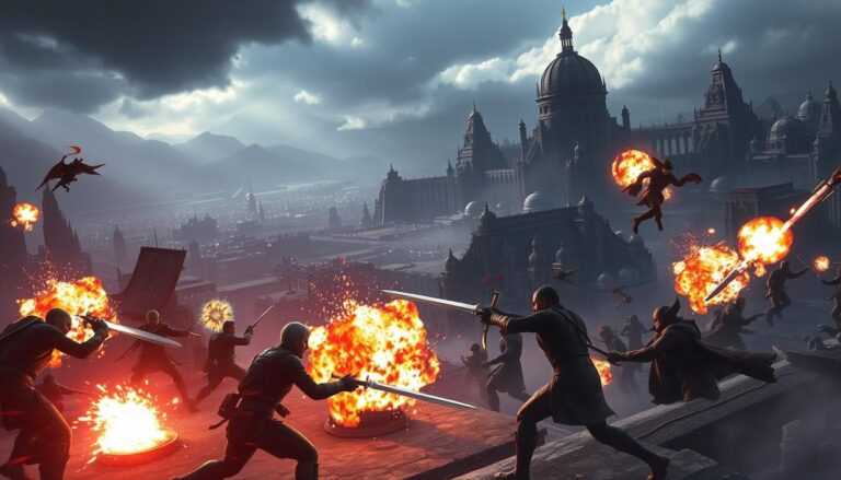 A dramatic, high-intensity scene depicting the best action-packed PS5 games. In the foreground, a group of heroic characters engaged in intense combat - swords clashing, guns blazing, explosions erupting. In the middle ground, breathtaking landscapes and cityscapes with striking architectural details, conveying a sense of scale and grandeur. The background features a moody, cinematic lighting setup with dramatic shadows and highlights, creating a bold, cinematic atmosphere. The overall composition is dynamic and immersive, capturing the thrill and excitement of the top action and adventure titles on the PS5 console.