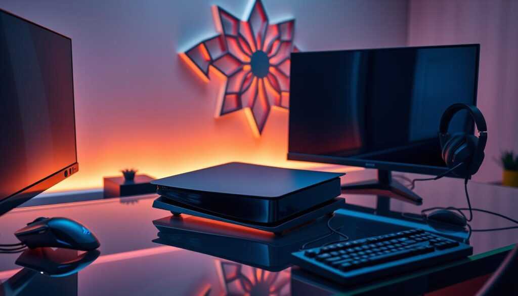 A high-tech gaming setup with a sleek, black PlayStation 5 console as the centerpiece. The console is placed on a modern glass-top desk, surrounded by a state-of-the-art gaming monitor with thin bezels, a high-end gaming mouse and keyboard, and a pair of premium gaming headphones. The scene is bathed in a soft, warm lighting that creates a cozy, immersive atmosphere, perfect for long gaming sessions. In the background, a minimalist, futuristic-inspired wall decor complements the high-tech aesthetic, hinting at the cutting-edge hardware and software capabilities of the PS5. The overall composition conveys a sense of power, precision, and the unparalleled gaming experience that the PS5 delivers.