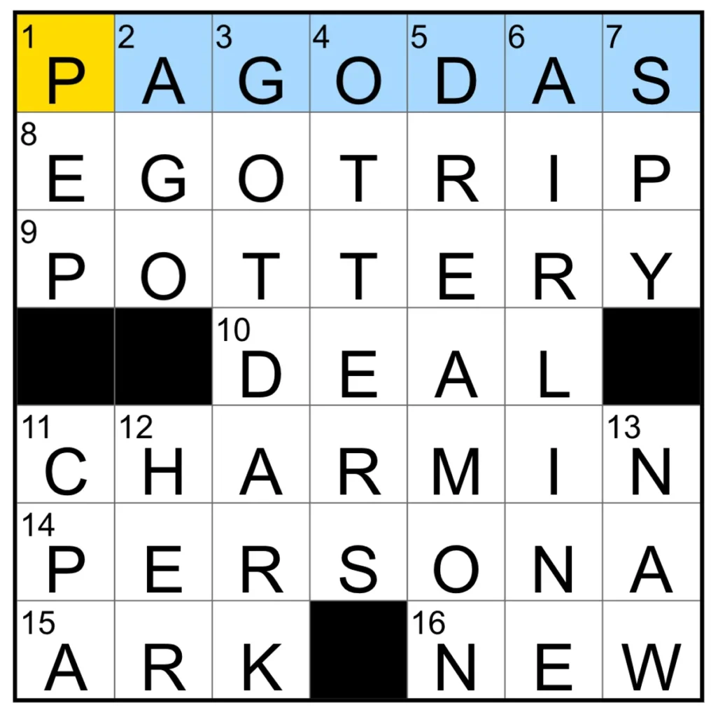 The completed NYT Mini Crossword puzzle.