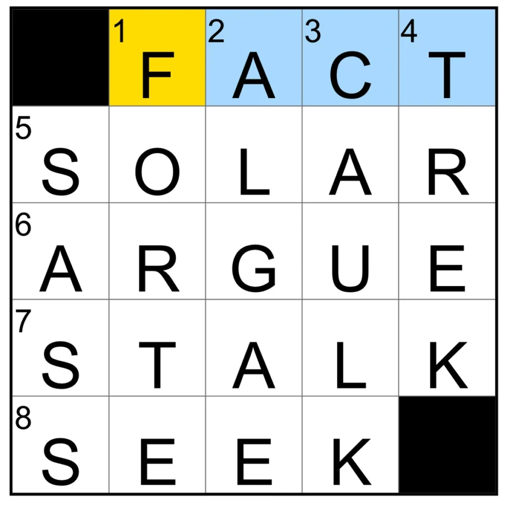 The completed NYT Mini Crossword puzzle.