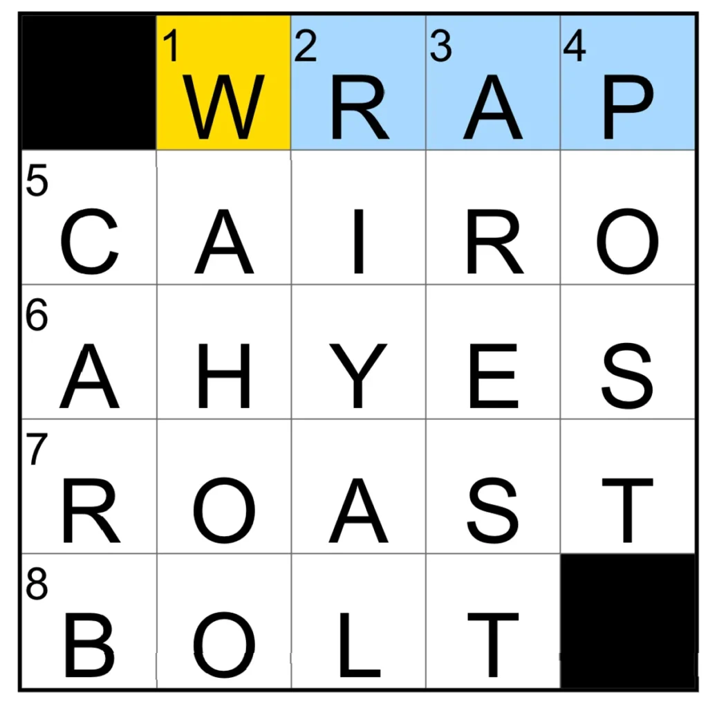 The completed NYT Mini Crossword puzzle