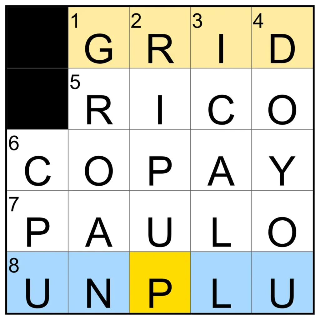 The completed NYT Mini Crossword puzzle.