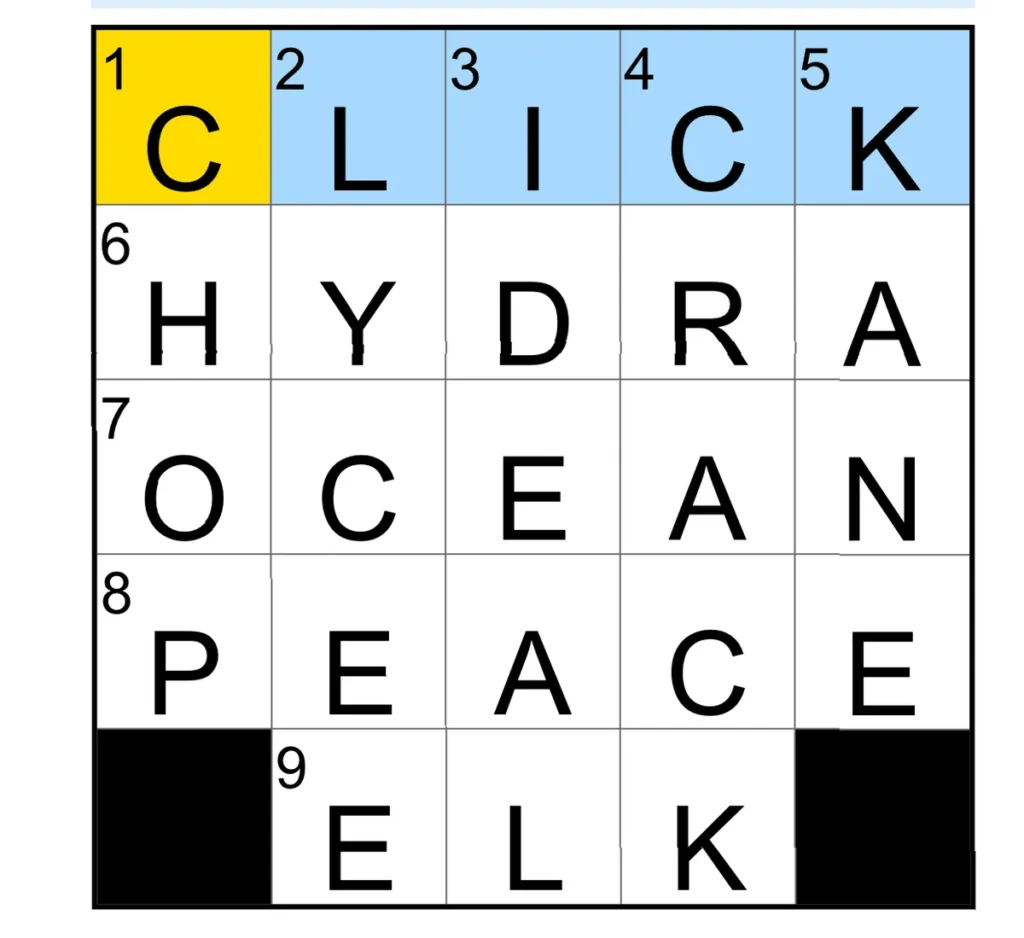 The completed NYT Mini Crossword puzzle.