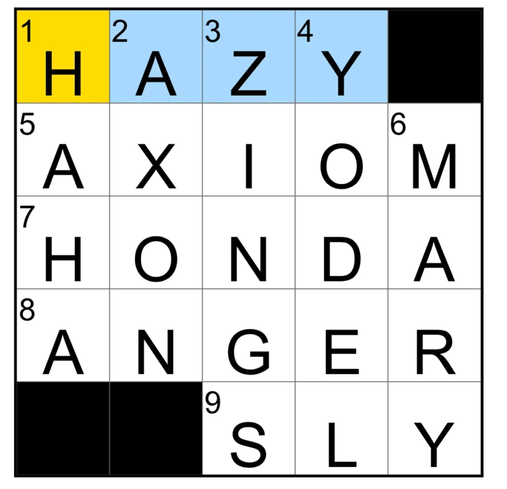 The completed NYT Mini Crossword puzzle.