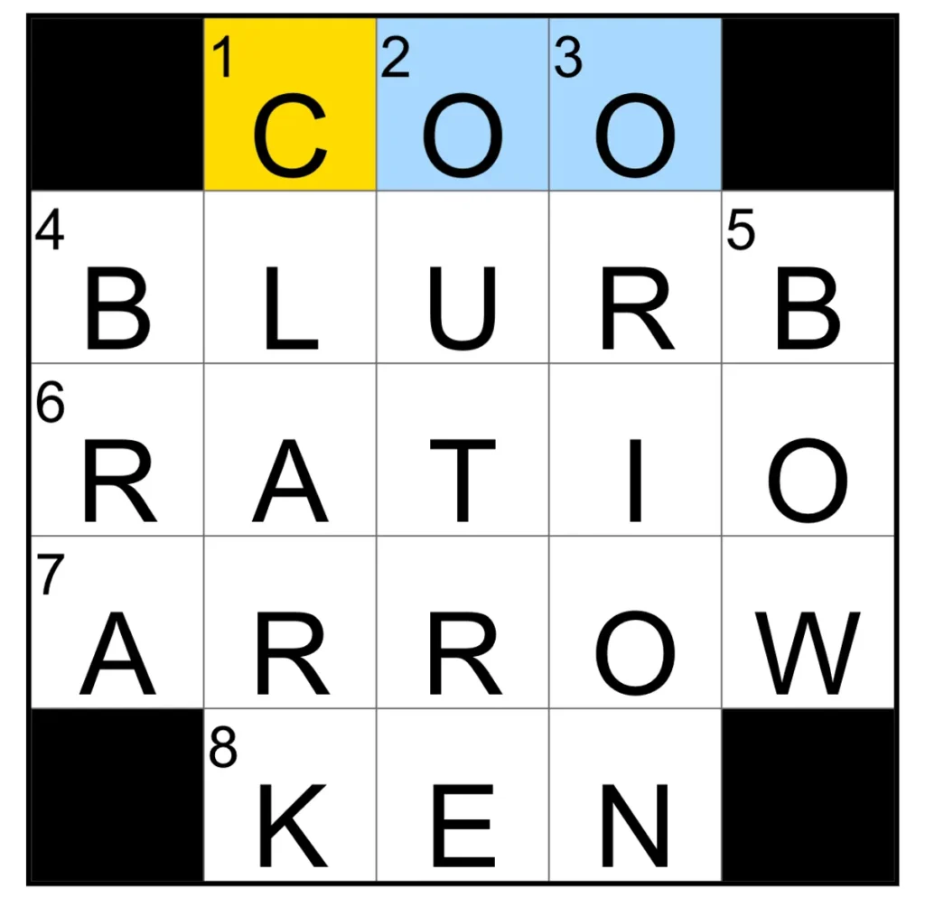 The completed NYT Mini Crossword puzzle.
