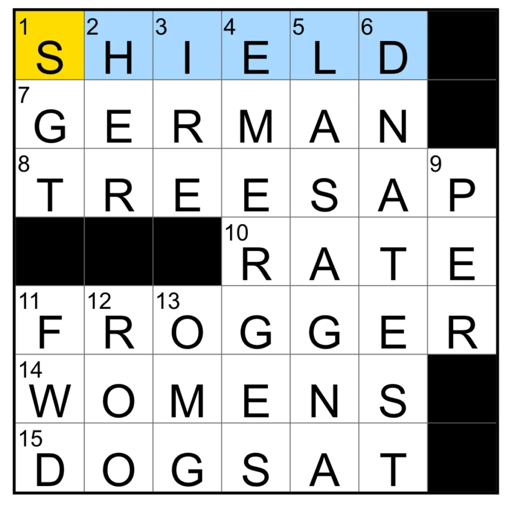 The completed NYT Mini Crossword puzzle.