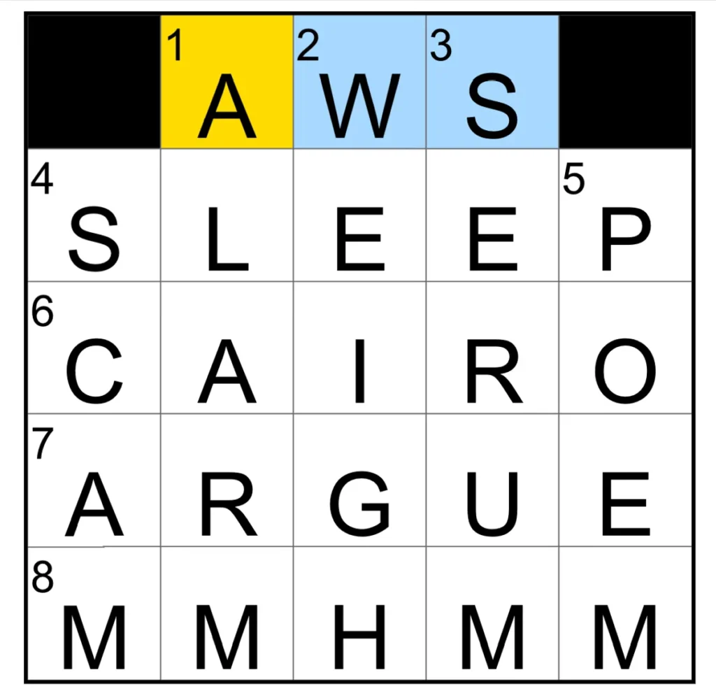 The completed NYT Mini Crossword puzzle.
