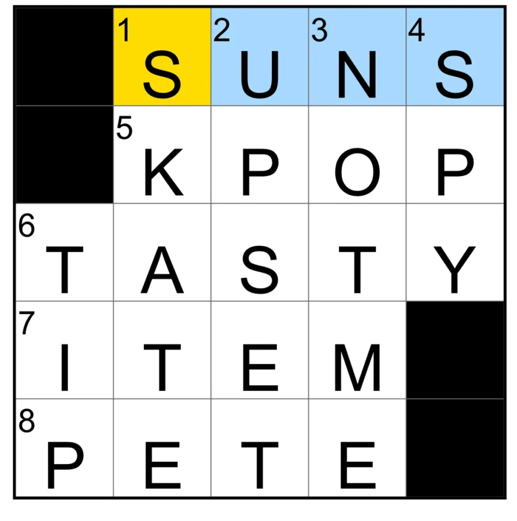 The completed NYT Mini Crossword puzzle.