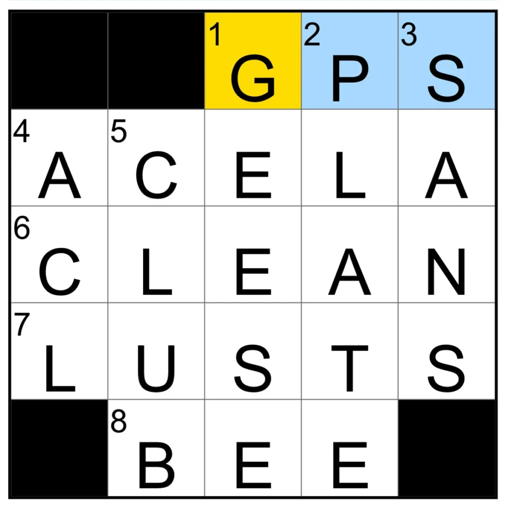 The completed NYT Mini Crossword puzzle.