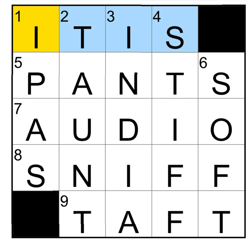 The completed NYT Mini Crossword puzzle.
