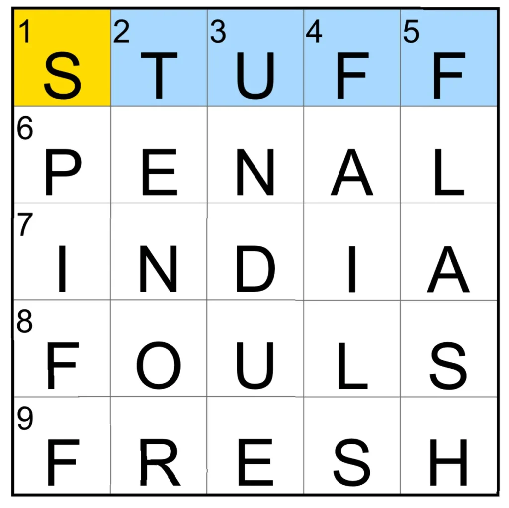 The completed NYT Mini Crossword puzzle.