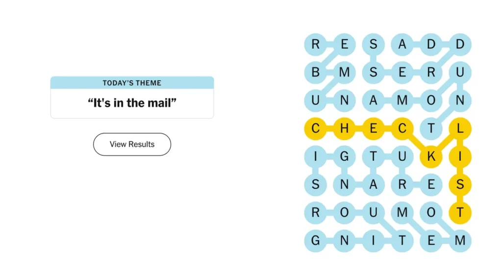 The completed NYT Strands puzzle.