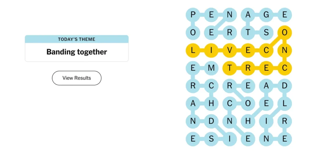 The completed NYT Strands puzzle.