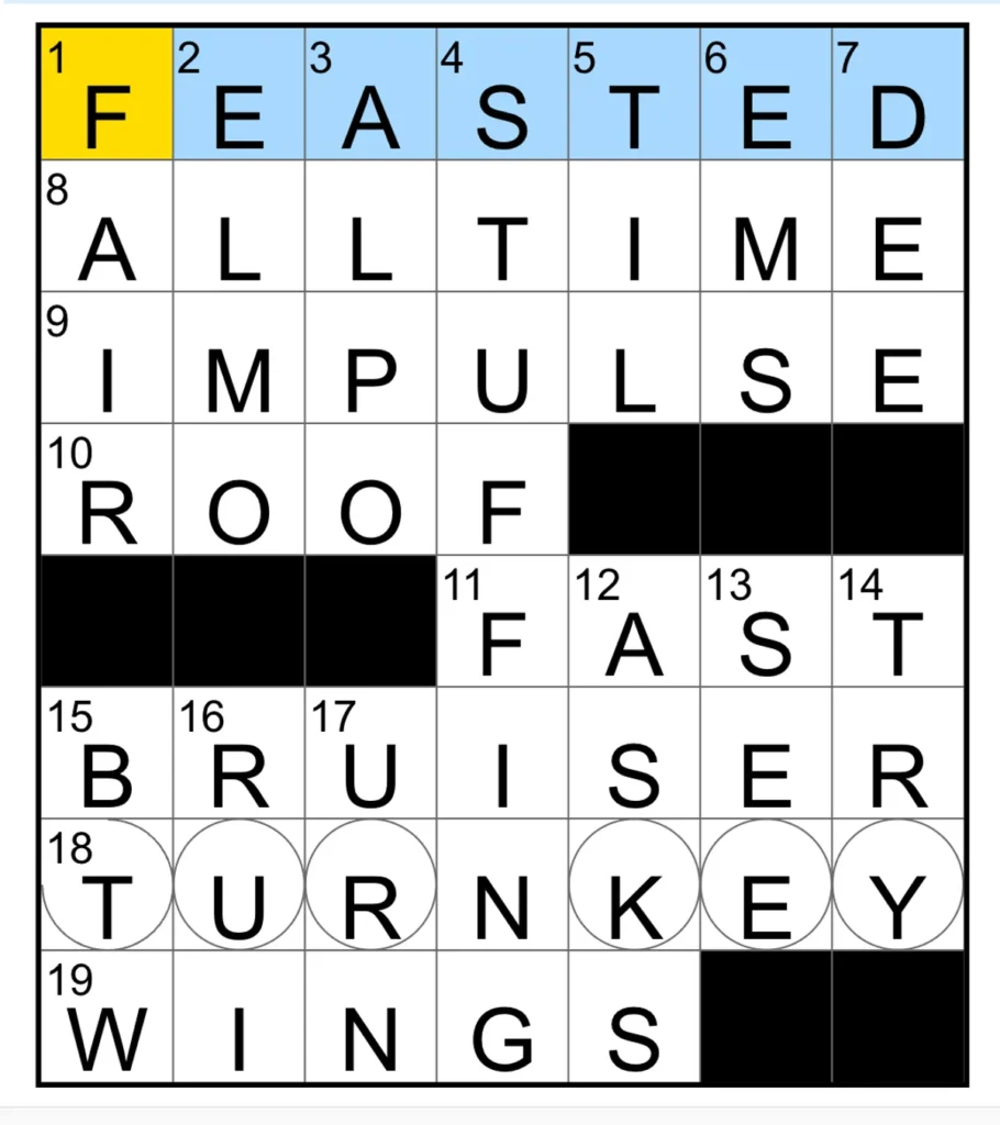 The completed NYT Mini Crossword puzzle for Nov. 27, 2025.
