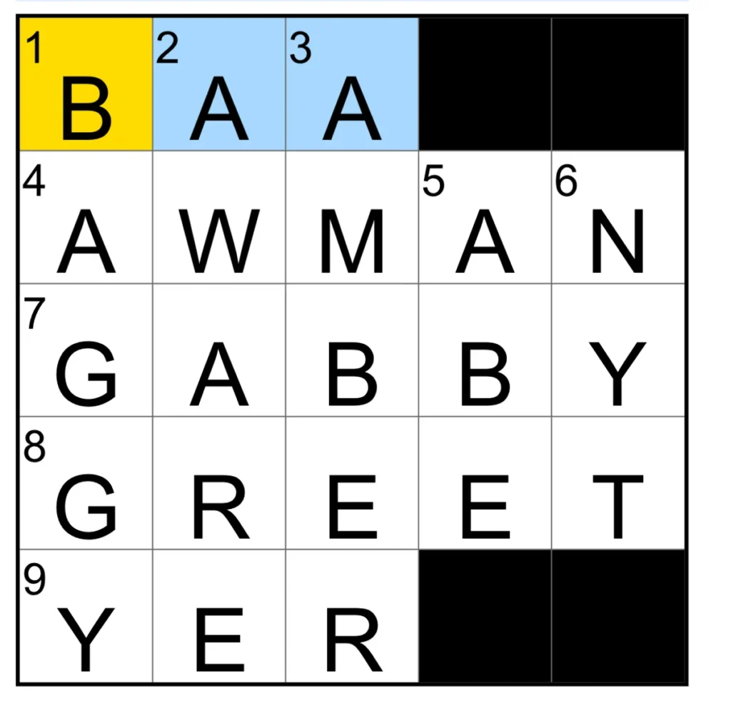 The completed NYT Mini Crossword puzzle for Nov. 14, 2025.