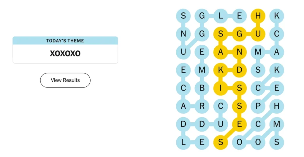 The completed NYT Strands puzzle for Feb. 14, 2026.