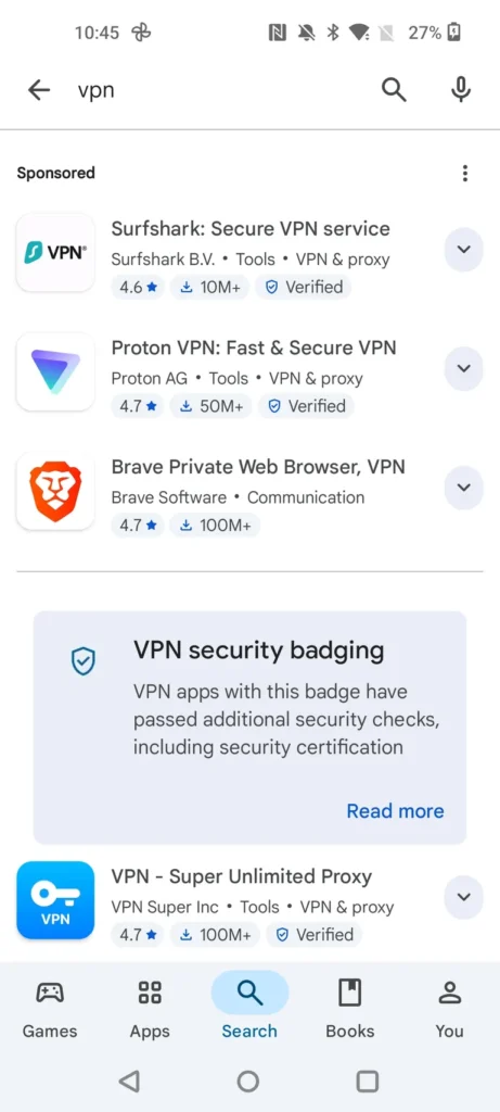 VPNs that have passed Google security checks can display a "verified" badge in the Google Play app store.