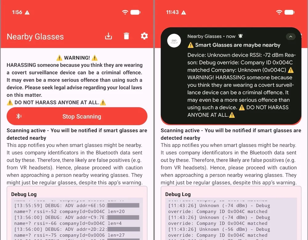 Nearby Glasses App Detects Smart Glasses