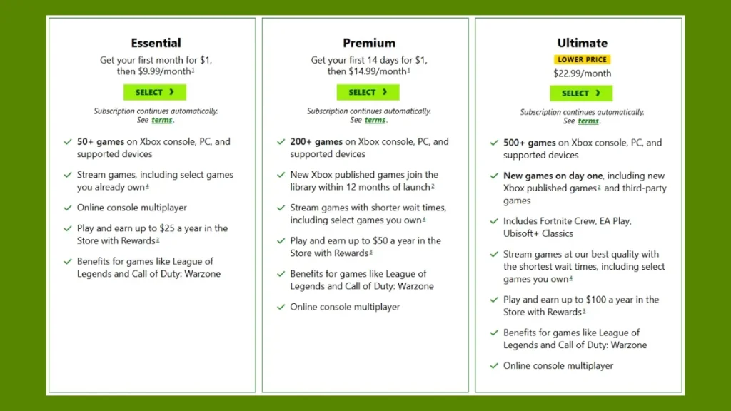 Current Xbox Game Pass Pricing